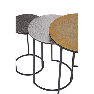 Set of 3 Black and Gold Hammered Metal Nesting Tables, Elias