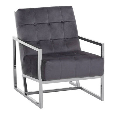 Gray upholstered chair with metal frame on a white background