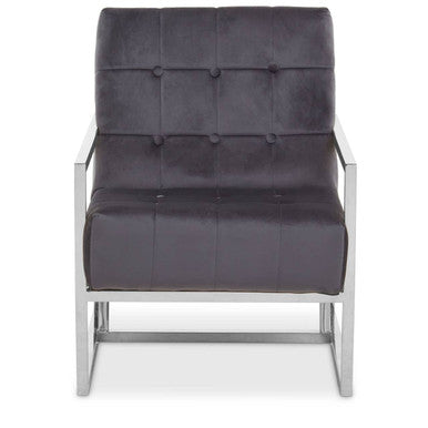 Gray upholstered chair with metal frame on a white background