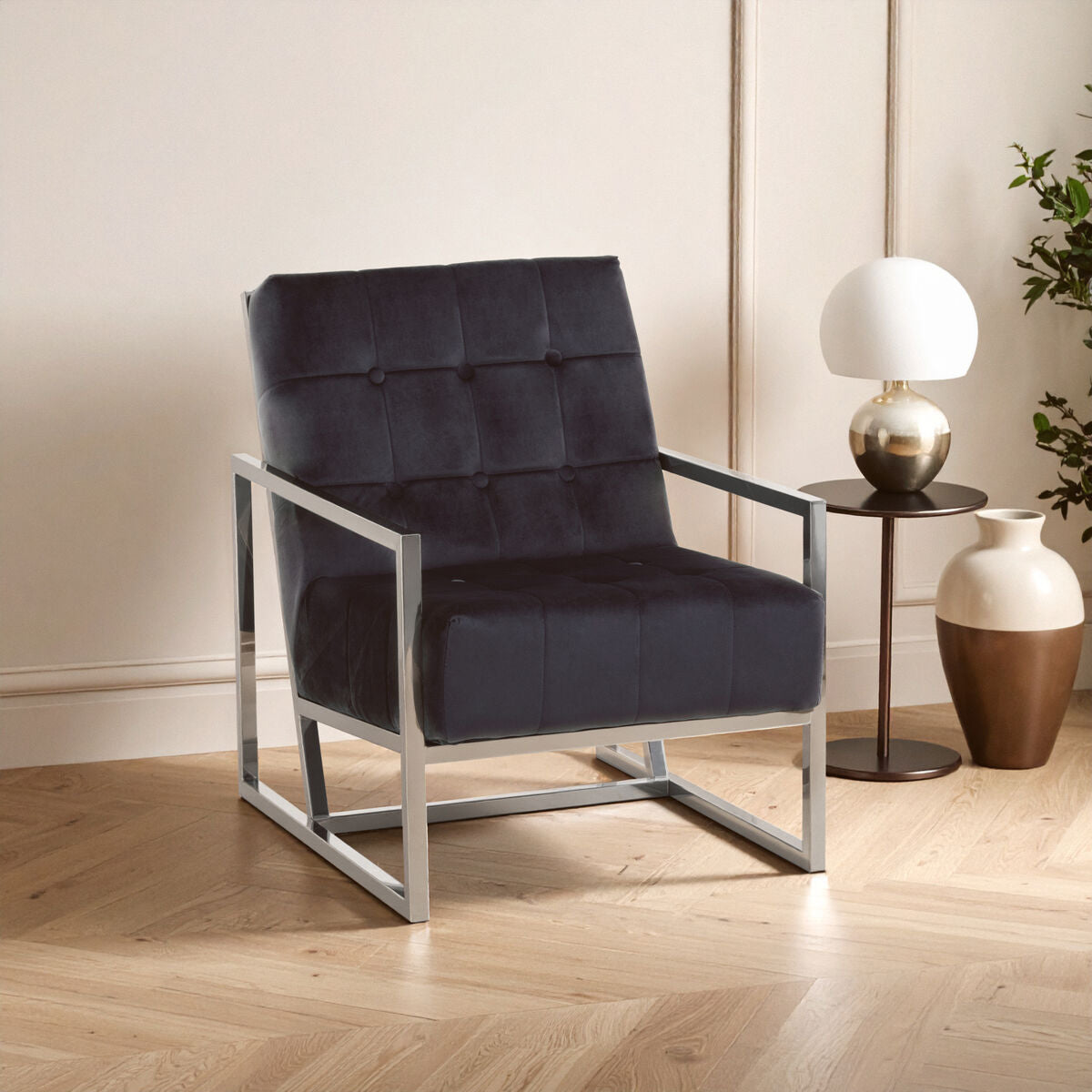 Hana Black Velvet Chair with Stainless Steel Frame - Image 1