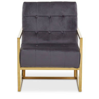 Dark gray upholstered chair with gold frame on a white background