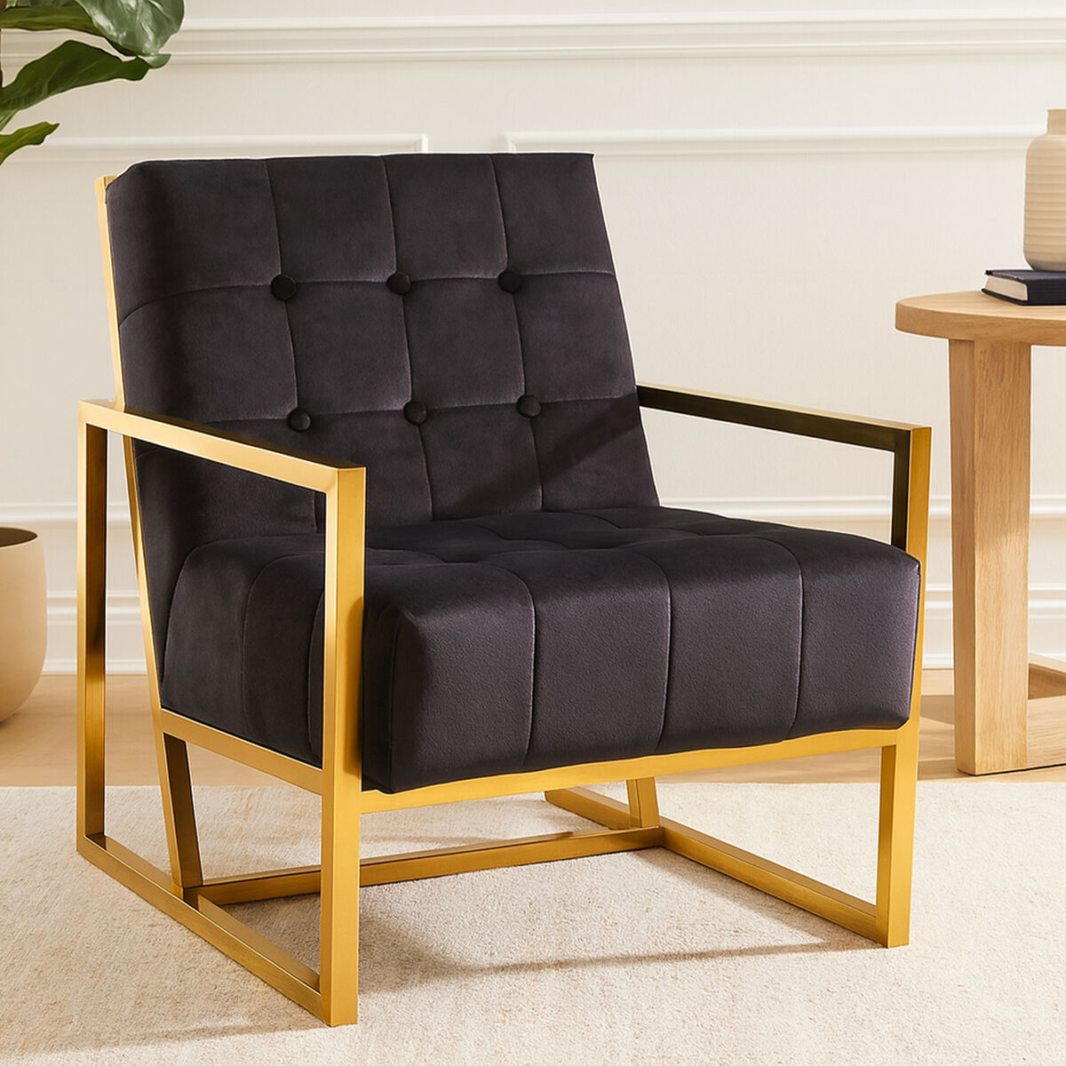 Hana Black Velvet Chair With Gold Frame - Image 1