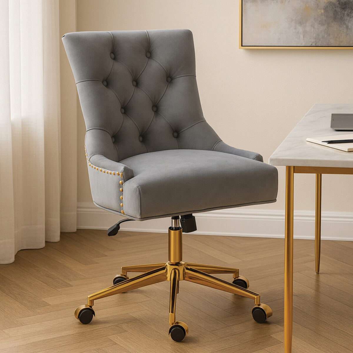 Anita Grey Velvet and Gold Base Home Office Chair