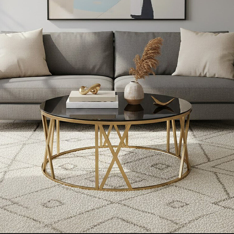 Alana Round Coffee Table with Gold Frame and Black Glass - Image 1