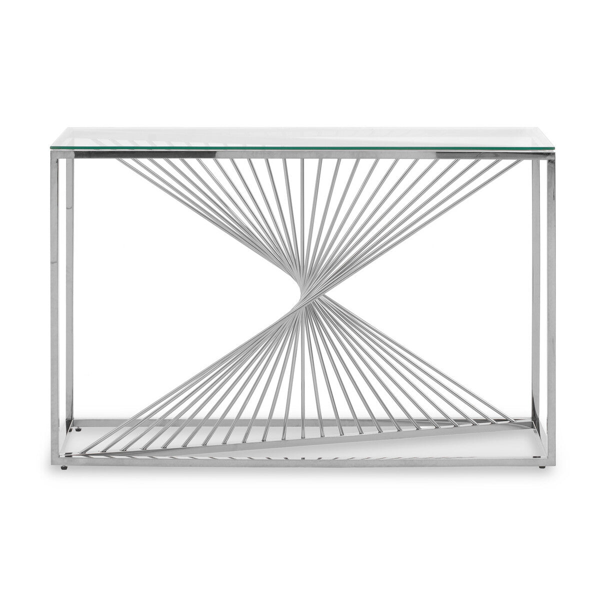 Clear Tempered Glass Top Console Table with Silver Finish Stainless Steel and Twisted Staircase Base, Amella