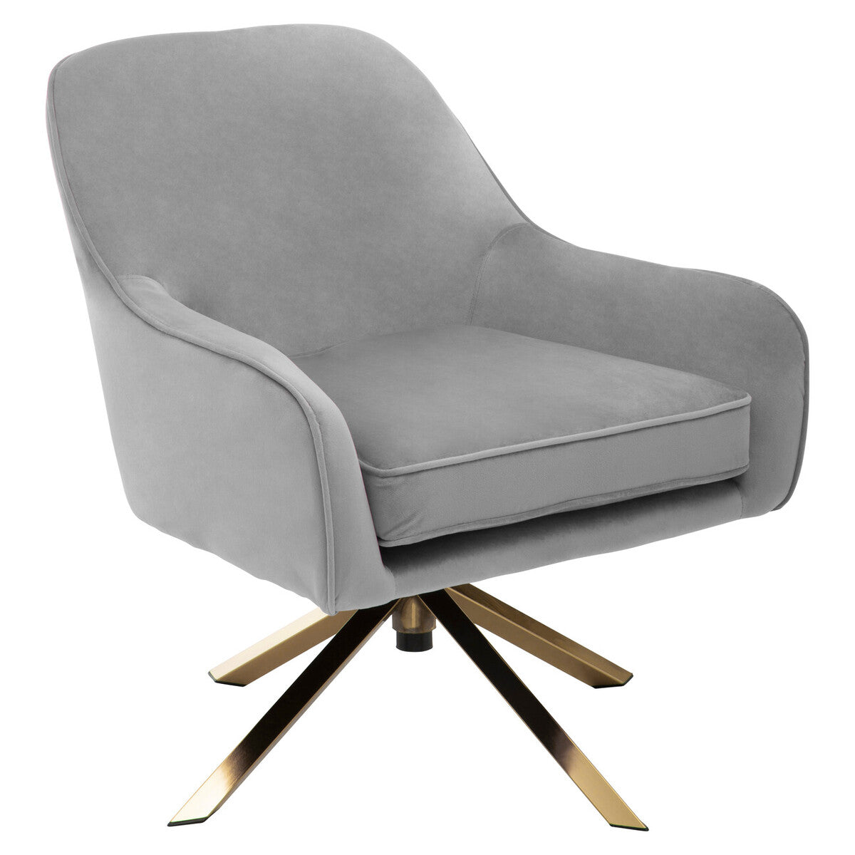 Gray upholstered chair with gold metal legs on a white background