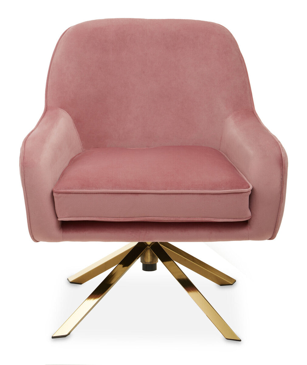 Pink velvet armchair with gold metal base on a white background