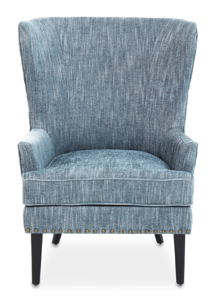 Blue upholstered chair with a textured pattern on a white background