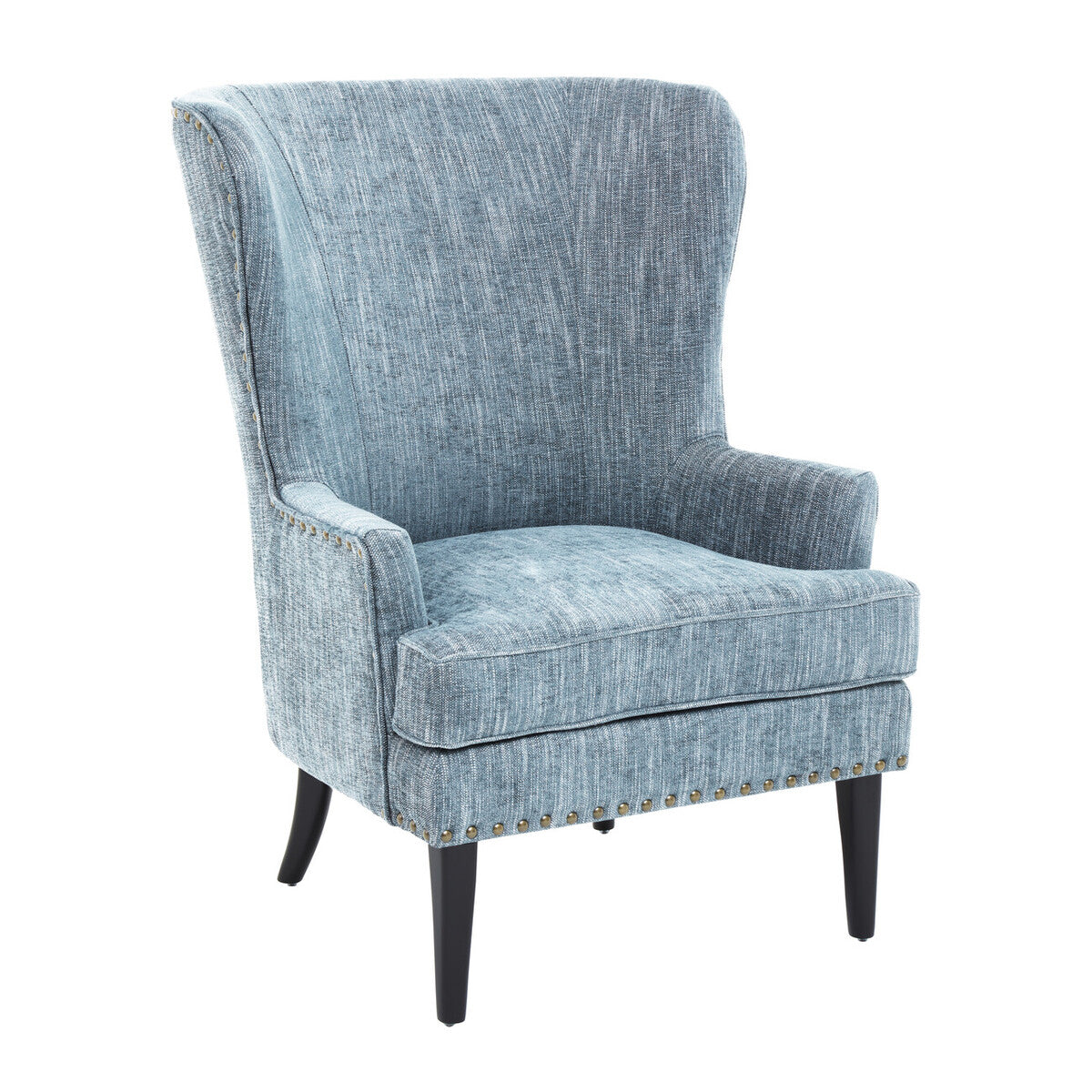 Blue upholstered armchair on a white background