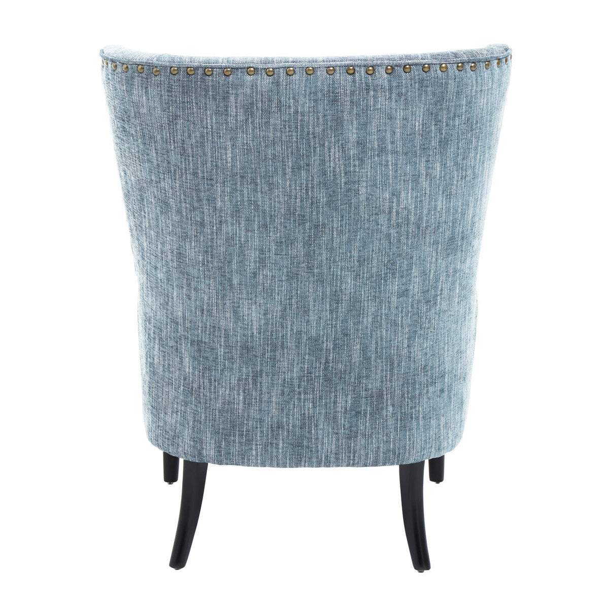 Blue upholstered chair with nailhead trim on a white background