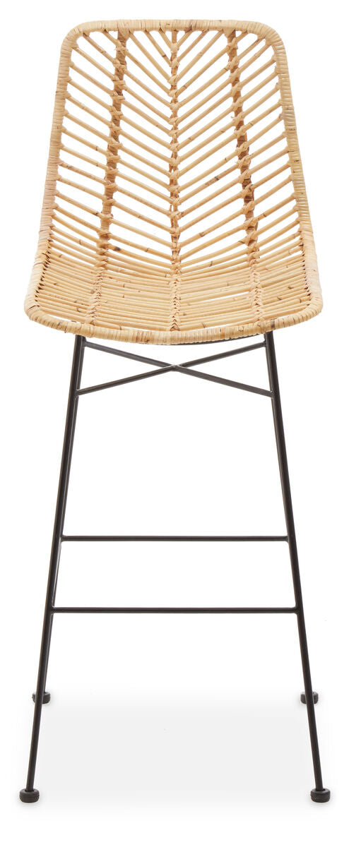 Wicker bar stool with black metal legs on a white background