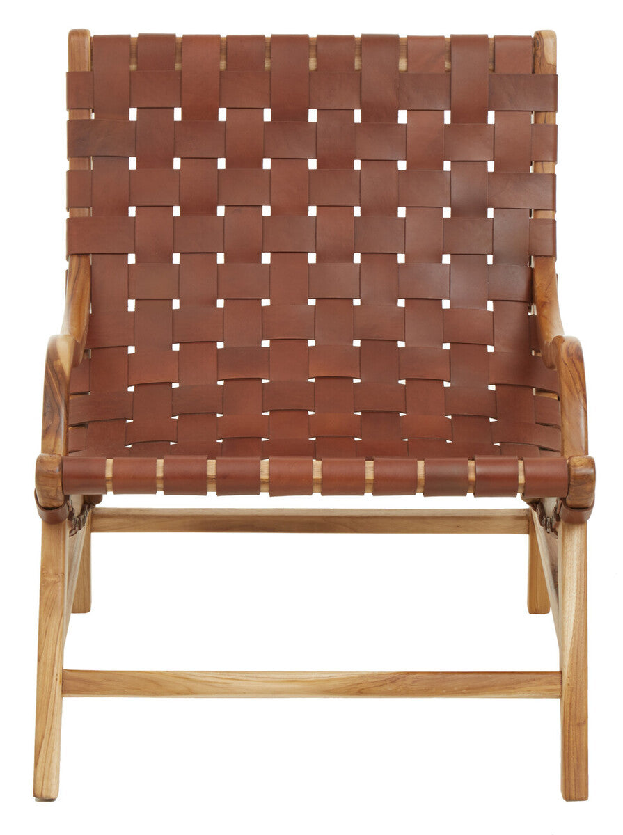 Chair with woven brown leather seat and backrest on a white background