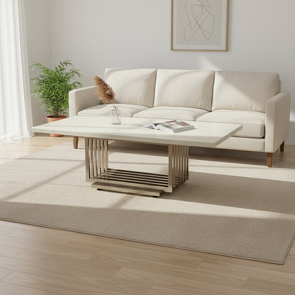 Beige sofa with a coffee table in a living room setting