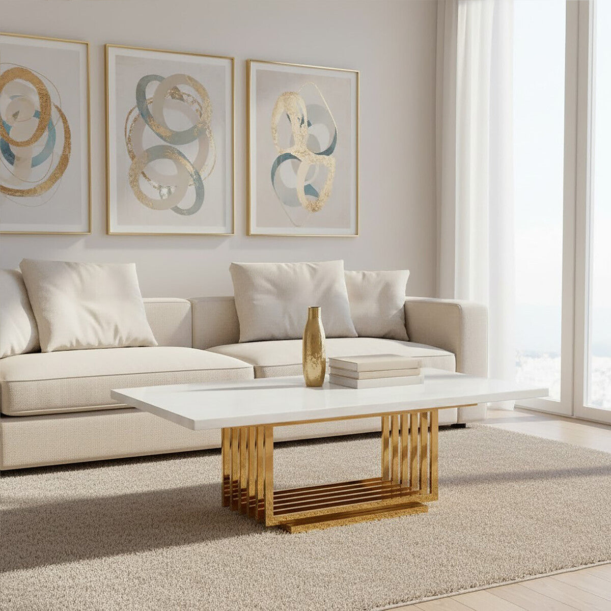 Modern living room with a beige sofa, white coffee table, and abstract art on the wall.