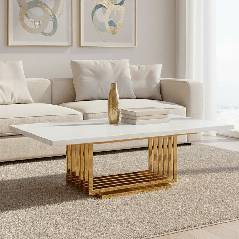 Moda Ivory White Faux Marble Coffee Table With Gold Finished Frame - Image 1