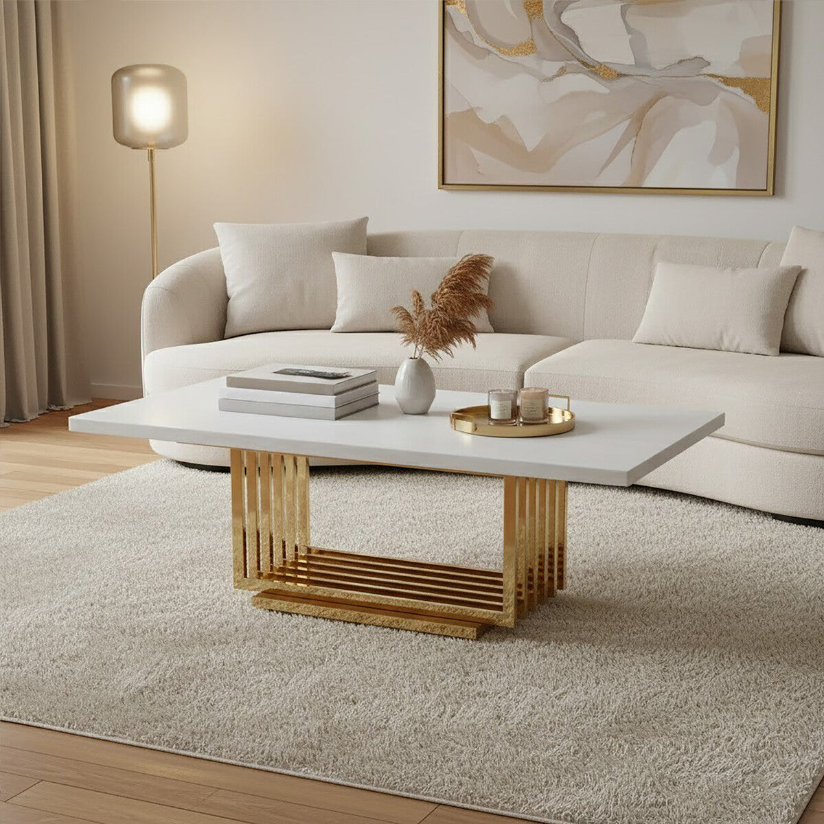 Moda Ivory White Faux Marble Coffee Table With Gold Finished Frame