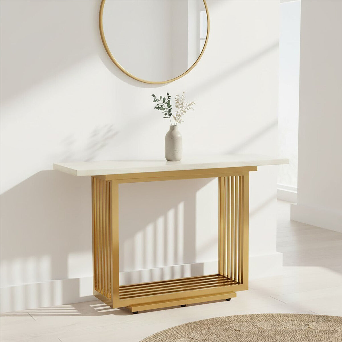 Moda Ivory White Faux Marble Console Table With Stainless Steel Base