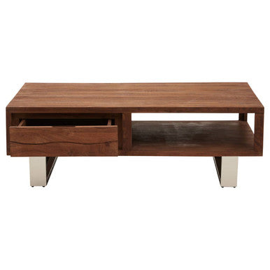 Wooden coffee table with a shelf and drawer on a white background