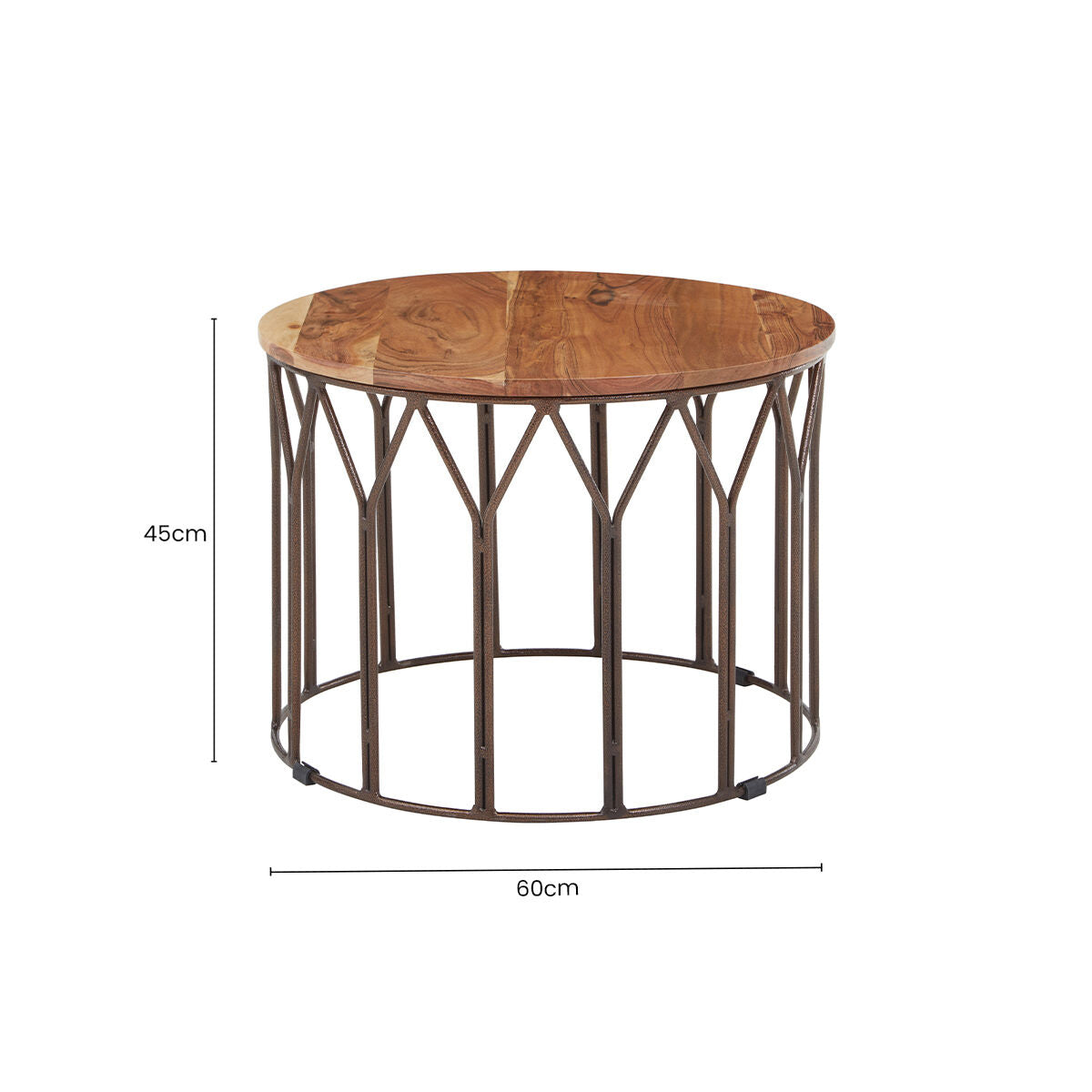 Natural Solid Acacia Wood Round Coffee Table with Dark Geometric Lattice Metal Frame, Boho