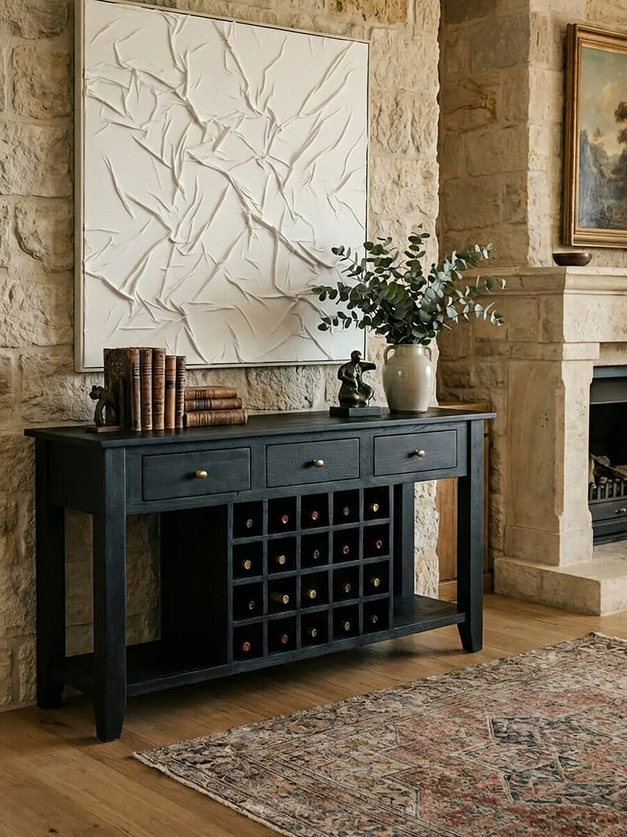 Black Mango Wood Console Table with 20-Bottle Wine Storage and 3 Drawers, Fusion