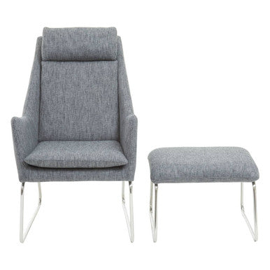 Gray upholstered chair and ottoman with metal legs on a white background