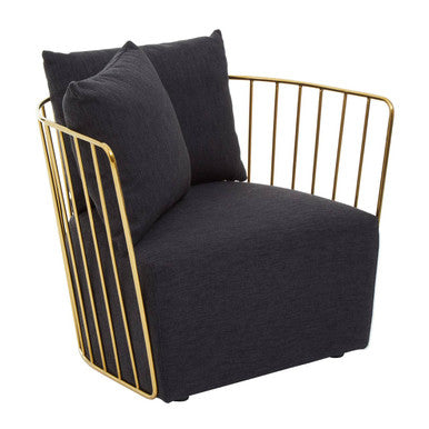 Black armchair with gold frame and black cushions on a white background