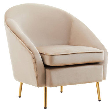 Beige armchair with gold legs on a white background