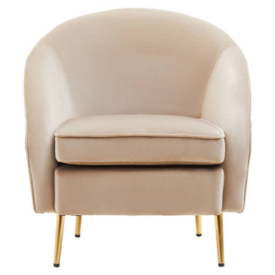 Beige armchair with gold legs on a white background