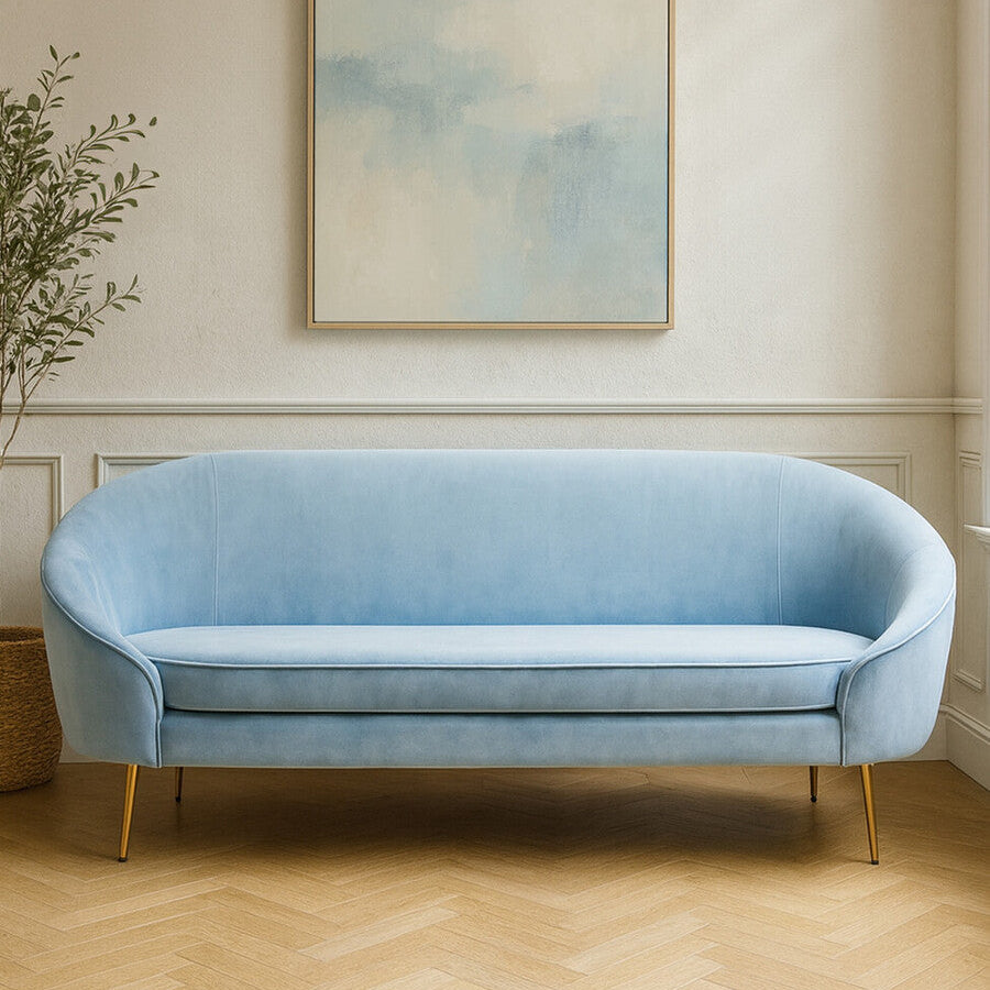 3 Seater Aqua Blue Velvet Sofa, Yasmeen - Image 1