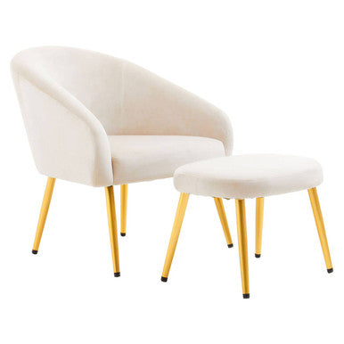 White chair and ottoman with yellow legs on a white background