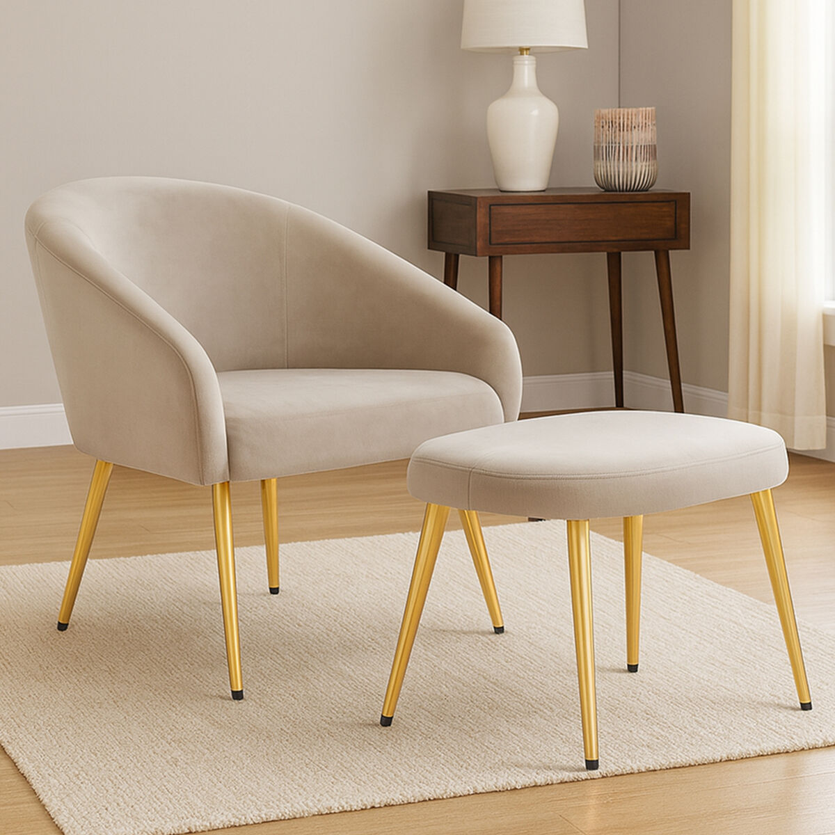 Yasmeen Mink Velvet Chair And Footstool - Image 1