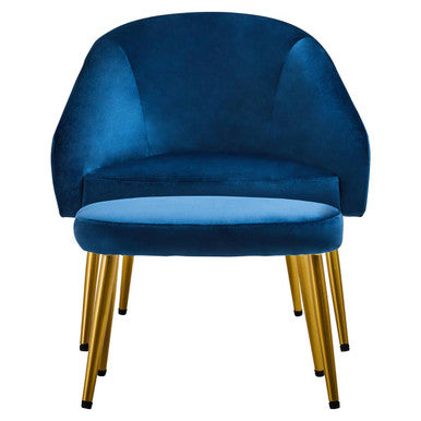 Blue velvet chair with gold legs on a white background