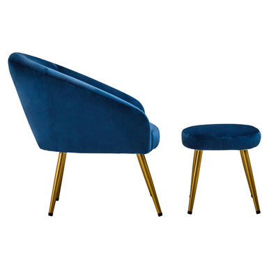 Blue velvet chair and ottoman with gold legs on a white background