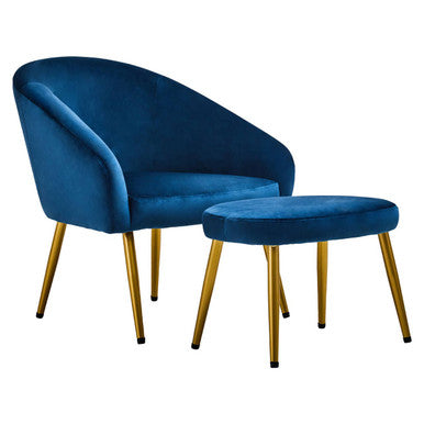 Blue velvet armchair with gold legs and matching ottoman on a white background