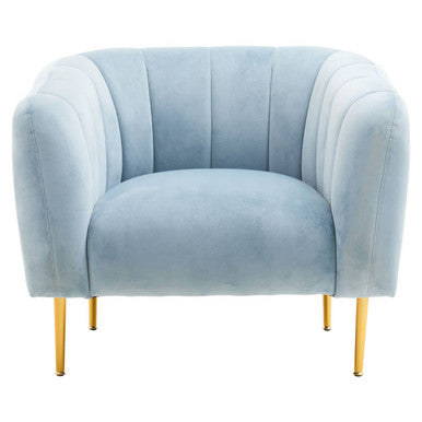 Light blue velvet armchair with gold legs on a white background