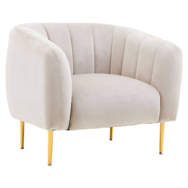 Beige armchair with gold legs on a white background