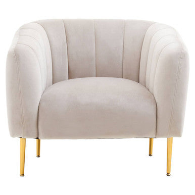 Beige armchair with gold legs on a white background
