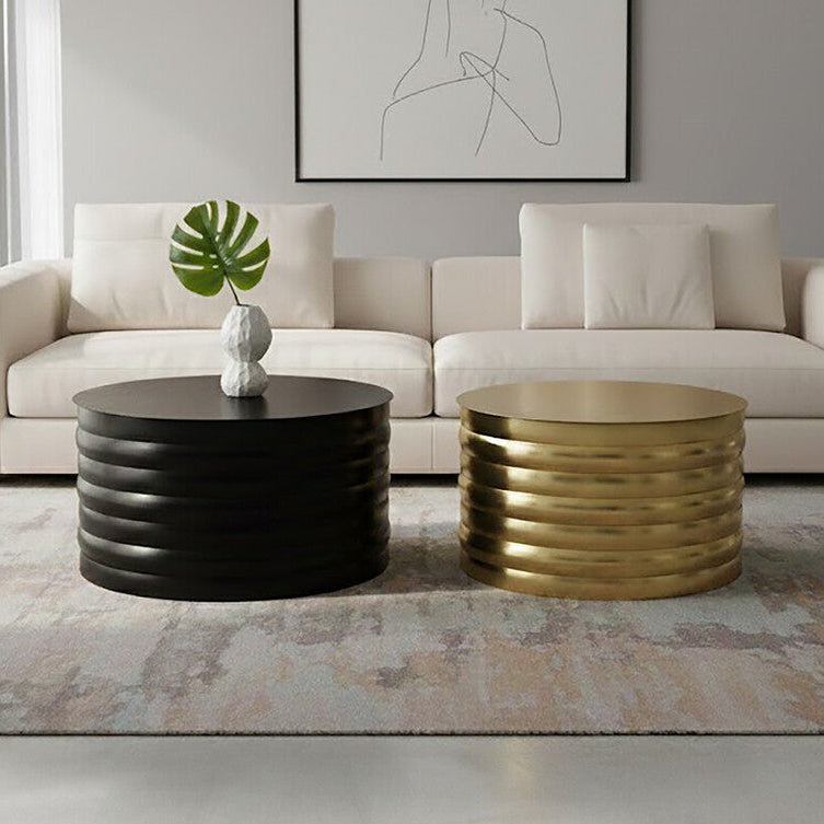 Set of Two Round Black and Brass Aluminium Coffee Tables with Ribbed Pattern, Arti