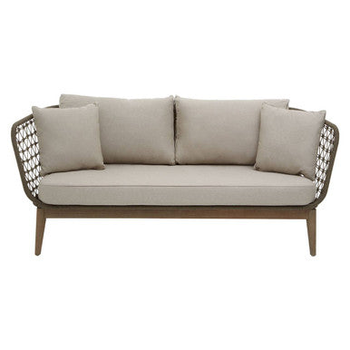 Beige sofa with woven frame on a white background