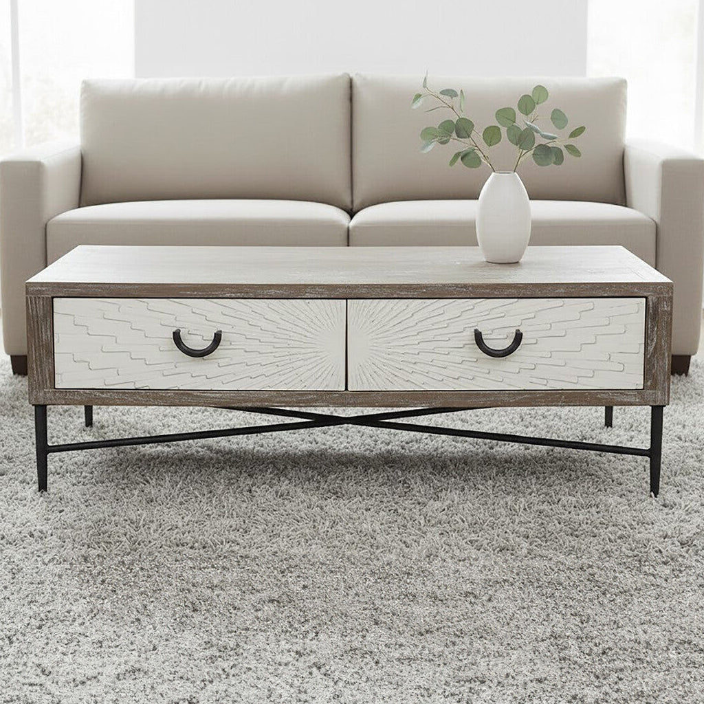 Milan 2 Drawer Recycled Elm Wood Coffee Table - Image 1