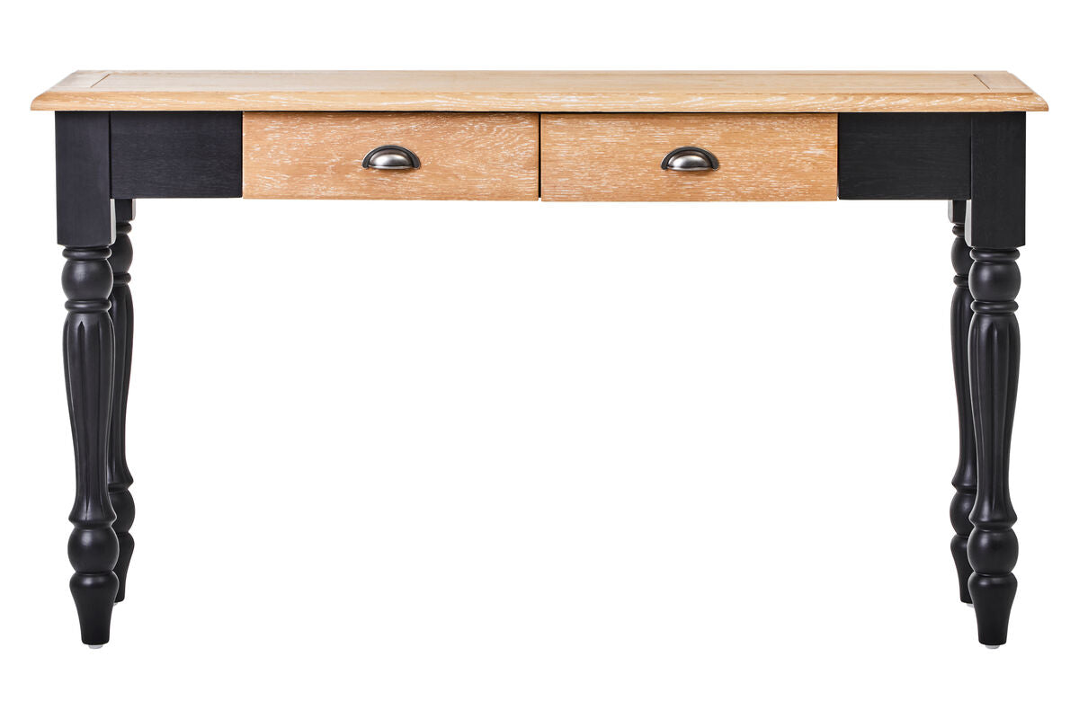 Natural Oak Veneer Top 2-Drawer Console Table with Black Knopped Birchwood Legs and Silver Cupped Handles, Kensington Townhouse