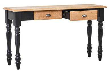 Natural Oak Veneer Top 2-Drawer Console Table with Black Knopped Birchwood Legs and Silver Cupped Handles, Kensington Townhouse