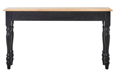 Natural Oak Veneer Top 2-Drawer Console Table with Black Knopped Birchwood Legs and Silver Cupped Handles, Kensington Townhouse