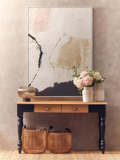 Natural Oak Veneer Top 2-Drawer Console Table with Black Knopped Birchwood Legs and Silver Cupped Handles, Kensington Townhouse