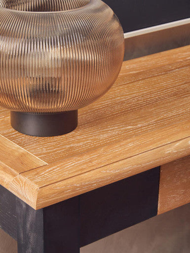 Natural Oak Veneer Top 2-Drawer Console Table with Black Knopped Birchwood Legs and Silver Cupped Handles, Kensington Townhouse