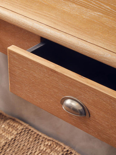 Natural Oak Veneer Top 2-Drawer Console Table with Black Knopped Birchwood Legs and Silver Cupped Handles, Kensington Townhouse
