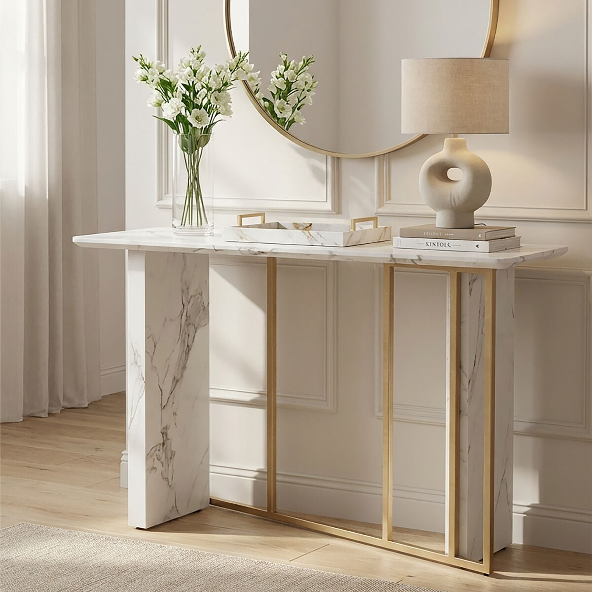 White Marble Effect Top Console Table with Gold Powder Coated Metal Base, Vieste
