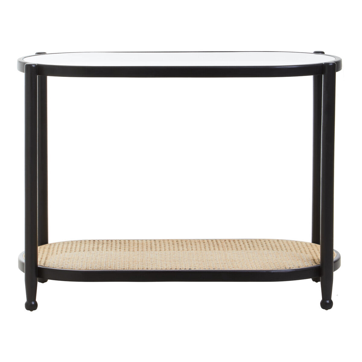 Two-tiered console table with black frame and woven shelf on a white background