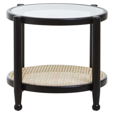 Black Elm Wood Side Table with Glass Top and Cane Open Weave Lower Shelf, Cebu
