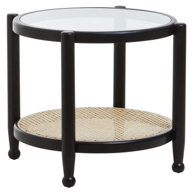 Black Elm Wood Side Table with Glass Top and Cane Open Weave Lower Shelf, Cebu